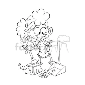 vector black and white image of girl sweeping the floor with a broom