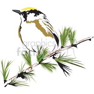 A clipart image of a small bird perched on a branch with green needles, featuring stylized and colorful details.
