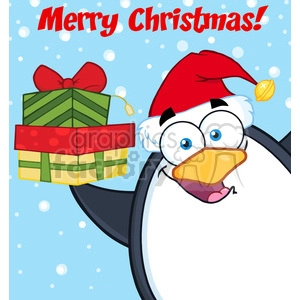 Royalty Free RF Clipart Illustration Merry Christmas With Penguin Cartoon Mascot Character Holding Up A Stack Of Gifts