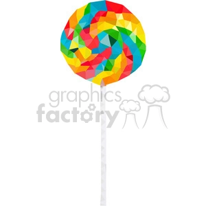 A colorful polygonal clipart representation of a lollipop with a swirl pattern on a white stick.