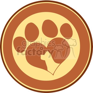 The image is a stylized representation of a dog's paw print which incorporates a heart shape and a silhouette of a dog's head within one of the larger paw pads. The colors are shades of brown and tan, and it's enclosed in a circular border.