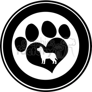 The clipart image features a large paw print with a heart-shaped cutout inside which a silhouette of a dog is standing. The design is monochromatic, primarily in black and white.