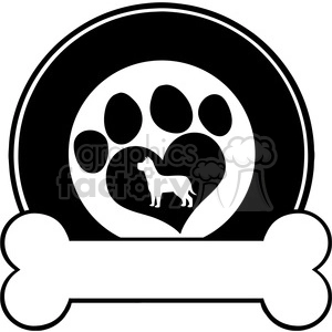 Black and white clipart image featuring a paw print with a heart shape in the center, containing a silhouette of a dog. A dog bone icon is placed at the bottom.