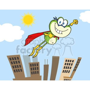 Superhero Frog Cartoon - Funny Animal Hero Flying Over City