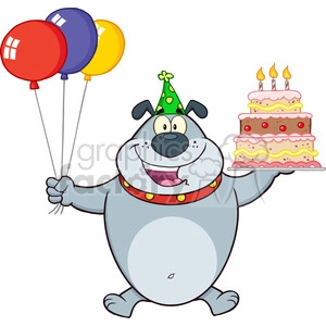 Royalty Free RF Clipart Illustration Birthday Gray Bulldog Cartoon Mascot Character Holding Up A Birthday Cake With Candles