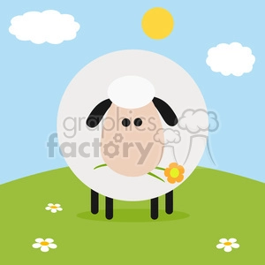 Cartoon Sheep with Flower in Sunny Meadow