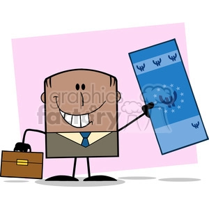 Royalty Free RF Clipart Illustration Lucky African American Businessman With Briefcase Holding A Euro Bill Cartoon Character On Background