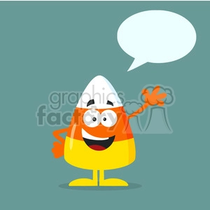 8870 Royalty Free RF Clipart Illustration Funny Candy Corn Flat Design Waving With Speech Bubble Vector Illustration With Bacground