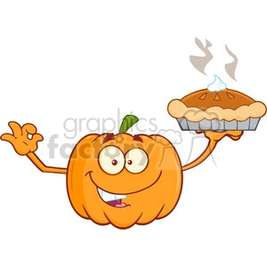 Royalty Free RF Clipart Illustration Smiling Pumpkin Cartoon Mascot Character Holding Perfect Pie