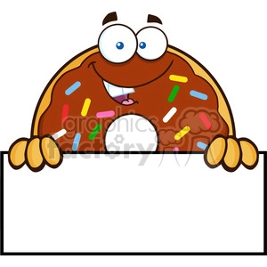 8689 Royalty Free RF Clipart Illustration Chocolate Donut Cartoon Character With Sprinkles Over A Sign Vector Illustration Isolated On White