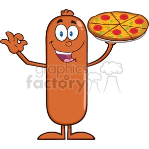 8480 Royalty Free RF Clipart Illustration Funny Sausage Cartoon Character Holding A Pizza Vector Illustration Isolated On White