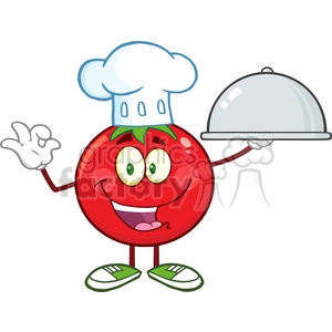 8398 Royalty Free RF Clipart Illustration Tomato Chef Cartoon Mascot Character Holding A Cloche Platter Vector Illustration Isolated On White