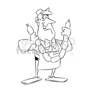 Chuck the cartoon butcher holding sausages black white