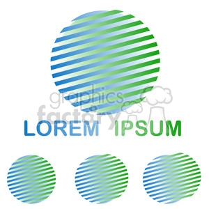 This clipart image features a design of a large circle with diagonal blue and green stripes. Underneath the large circle, there are the words 'Lorem Ipsum' in a gradient style matching the colors of the stripes. Three smaller circles with a similar striped design are positioned below the text.