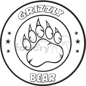 The clipart image features a circular design with the words GRIZZLY on the top half and BEAR on the bottom half. Inside the circle, there is a stylized depiction of a bear paw with four toe pads and a larger heel pad. Additionally, there are six small stars surrounding the paw print.