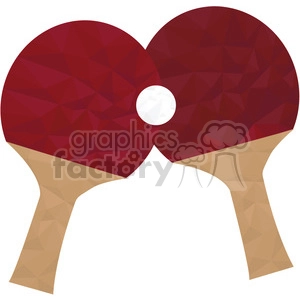 A polygonal clipart image featuring two red table tennis paddles crossed with a white ping pong ball positioned between them.