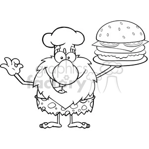 black and white chef male caveman cartoon mascot character holding a big burger and gesturing ok vector illustration