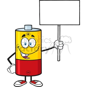 royalty free rf clipart illustration cute battery cartoon mascot character holding a blank sign vector illustration isolated on white
