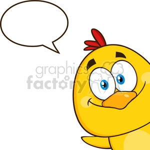 royalty free rf clipart illustration smiling yellow chick cartoon character peeking around a corner with speech bubble vector illustration isolated on white