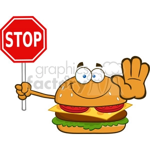 illustration smiling burger cartoon mascot character holding a stop sign vector illustration isolated on white background
