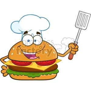 illustration chef burger cartoon mascot character holding a slotted spatula vector illustration isolated on white background