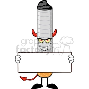 A cartoon image of an anthropomorphic cigarette with devil horns, yellow eyes, a mischievous grin, and a red tail, holding a blank sign.