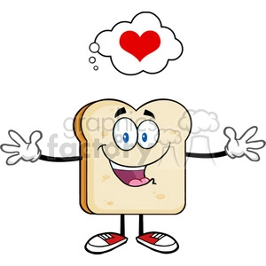 Happy Bread Cartoon Character with Love Thought Bubble