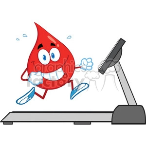 A cheerful cartoon blood drop character running on a treadmill and sweating, indicating a sense of exercise, fitness, and health.