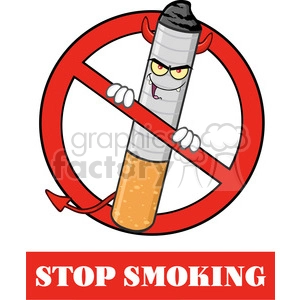 A clipart image showing a cigarette with devil horns and a devilish face inside a red prohibition sign. Below the image, the text 'STOP SMOKING' is written in bold, red letters.