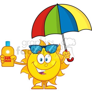10151 cute sun cartoon mascot character holding a umbrella and bottle of sun block cream vith text vector illustration isolated on white background