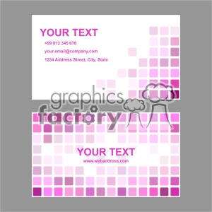 A set of two business card designs with customizable text and contact information. The design features a gradient of purple and pink square blocks on a white background.