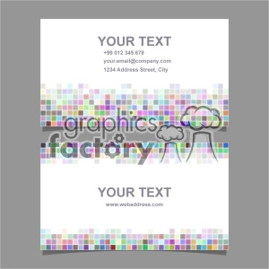 This clipart image features a modern business card design with colorful pixelated squares along the top and bottom edges. The card includes placeholders for text such as name, contact number, email, address, and website.