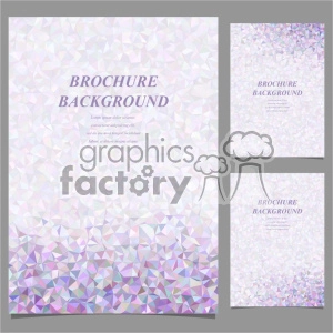 This clipart image showcases a set of brochure backgrounds with a low poly design and pastel color scheme. The pattern consists of geometric polygons in varying shades of purple, pink, and white, creating a modern and elegant look. The text 'BROCHURE BACKGROUND' is prominently displayed on each background, suitable for design and marketing purposes.