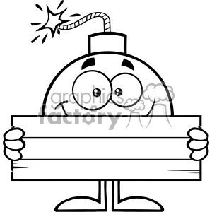 Clipart image of a cartoon bomb character with a lit fuse, holding a blank wooden sign.
