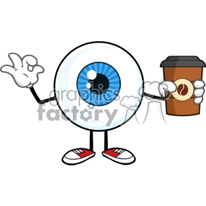 Blue Eyeball Guy Cartoon Mascot Character Holding A Take Out Cup And Gesturing Ok Vector