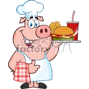 Cartoon Pig Chef with Fast Food - Happy Cook Serving Burger and Fries