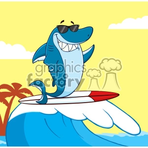 Funny Surfing Shark Cartoon on Tropical Beach Wave