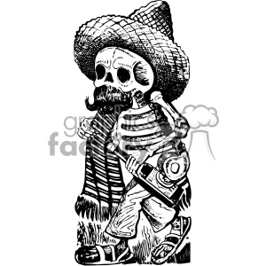 A black and white clipart image of a skeleton dressed in traditional Mexican attire, including a sombrero and sandals, with an exaggerated mustache. The skeleton is holding a bottle and seems to be enjoying a walk.