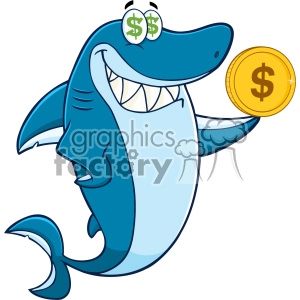 Clipart Greedy Blue Shark Cartoon Holding A Goden Dollar Coin Vector