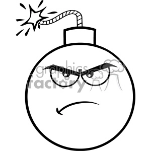 A black and white clipart image of an angry cartoon bomb with a lit fuse, featuring an intense facial expression with furrowed eyebrows and a frowning mouth.