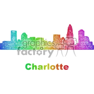 A colorful digital artwork of the Charlotte city skyline. The illustration consists of abstract, interconnected lines forming the city's distinctive buildings and is rendered in a gradient of rainbow colors. 'Charlotte' is written below the skyline in matching rainbow colors.