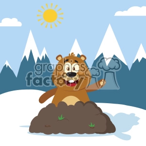 10642 Royalty Free RF Clipart Happy Marmmot Cartoon Mascot Character Waving In Groundhog Day Vector Flat Design With Background