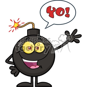A cheerful cartoon bomb character with a lit fuse, smiling and holding up one hand. The character is saying 'YO!' in a speech bubble.
