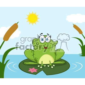 The clipart image shows a female cartoon frog mascot character with a big smile on her face, sitting on a lily pad in a lake surrounded by cattails and other swamp vegetation.