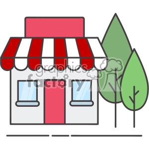 A vector clipart image of a small storefront with a red and white awning, flanked by two green trees.