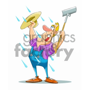 The clipart image shows a cartoon farmer with a big smile on his face, looking up at the sky where rain is falling. The farmer appears to be happy to see the rain because it may help with the drought on his farm. He has his hands clasped together as if in prayer and is standing in front of a farm field. The image can be interpreted as a representation of a farmer's relief when rain finally arrives after a period of dry weather, which could be critical for crop growth and survival.
