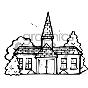 Black and white clipart image of a church building with a tall steeple and trees in the background. Birds are flying in the sky.