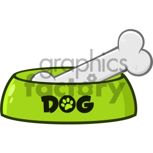 Royalty Free RF Clipart Illustration Green Dog Bowl With Animal Food And Bone Drawing Simple Design Vector Illustration Isolated On White Background