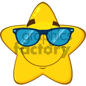 Royalty Free RF Clipart Illustration Smiling Yellow Star Cartoon Emoji Face Character With Sunglasses Vector Illustration Isolated On White Background