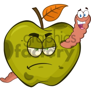 Royalty Free RF Clipart Illustration Happy Worm In A Grumpy Rotten Green Apple Fruit Cartoon Mascot Characters Vector Illustration Isolated On White Background